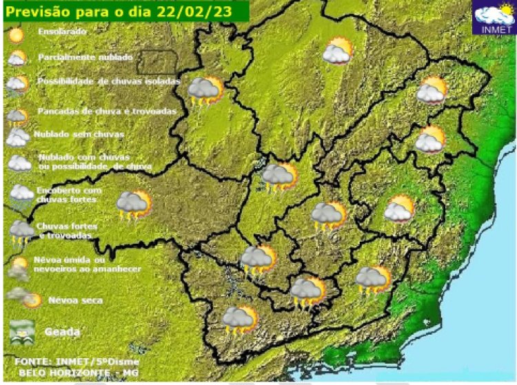 Previsão do tempo para Minas Gerais nesta quarta-feira, 22 de fevereiro